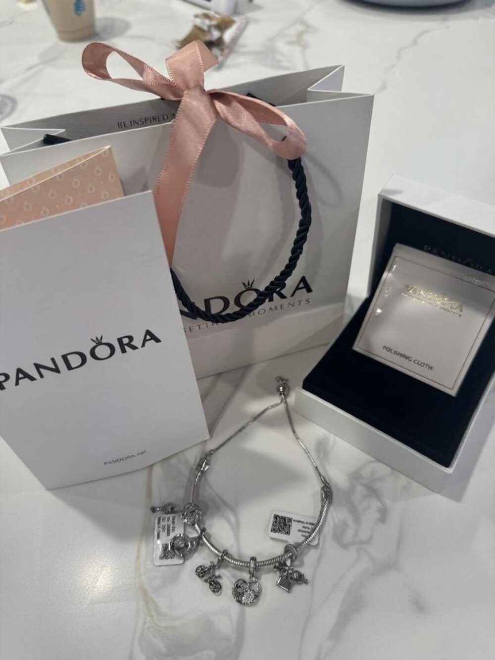 Pandora Moments Snake Chain Slider Bracelet with 6 Pave Charms NWT Box Gift Bag